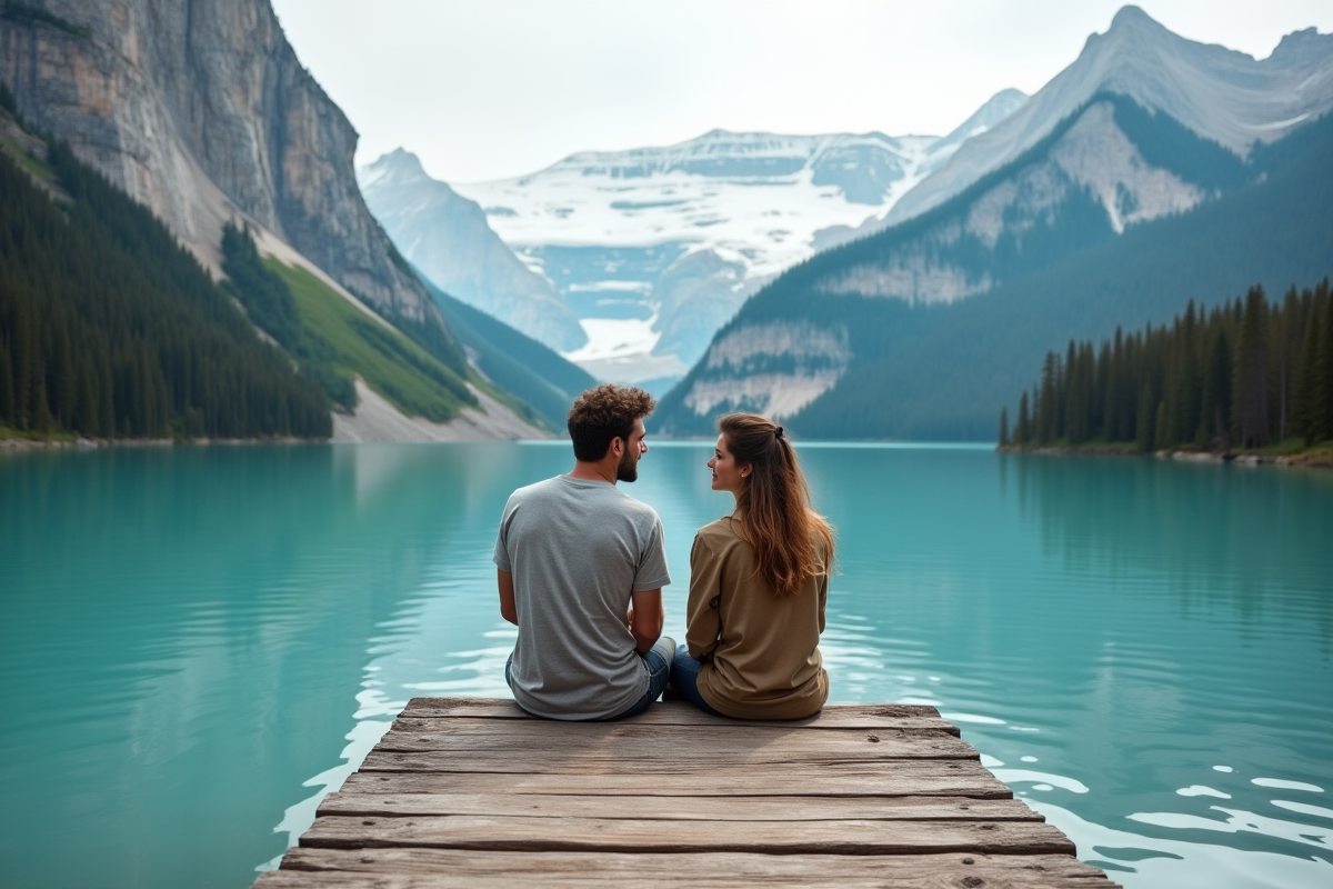 Jeune couple marié regardant le lac turquoise en montagne