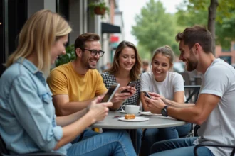 Jeunes adultes au café terrasse utilisant leurs smartphones