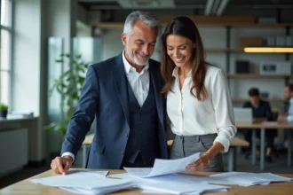 Deux journalistes français souriants dans un bureau moderne