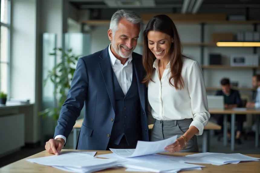 Deux journalistes français souriants dans un bureau moderne