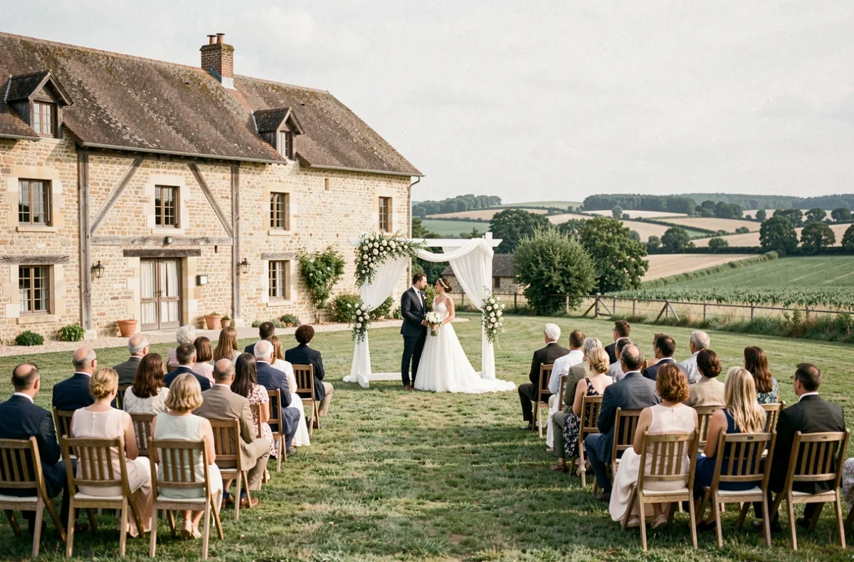 Cérémonie de mariage en plein air à La Moie en Charente-Maritime avec arche florale blanche, allée en herbe et vue panoramique sur la campagne charentaise