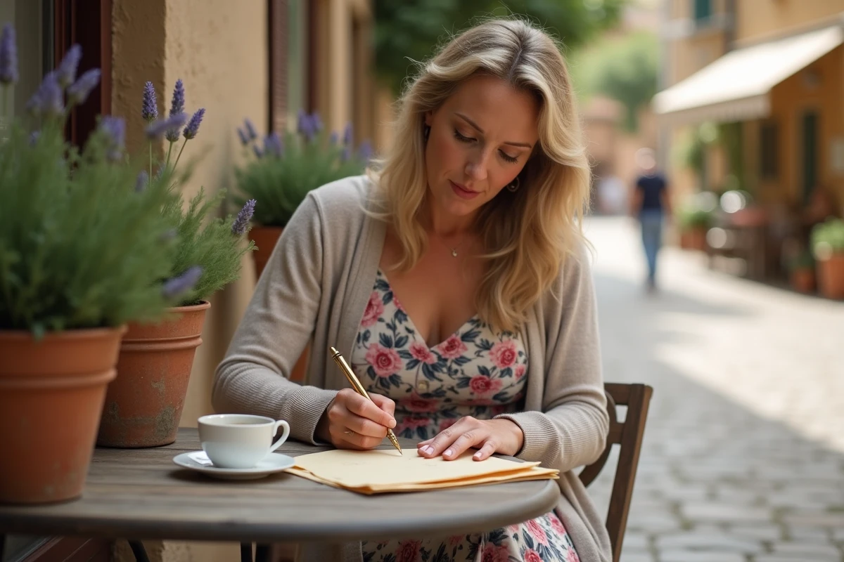 Femme rédigeant une lettre d'anniversaire de mariage manuscrite dans un café en terrasse avec ambiance méditerranéenne