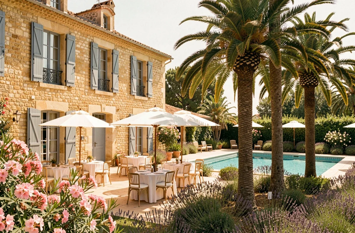 Logis de la Palmeraie en Charente-Maritime avec jardin méditerranéen, palmiers et espace cocktail de mariage en terrasse