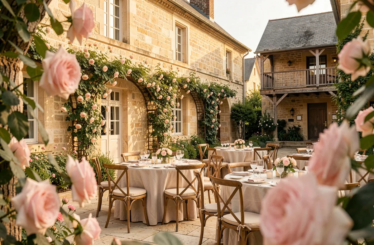 Le Logis de l'Hostellerie en Charente-Maritime avec terrasse couverte de mariage, jardin de roses et tables de banquet en lin antique