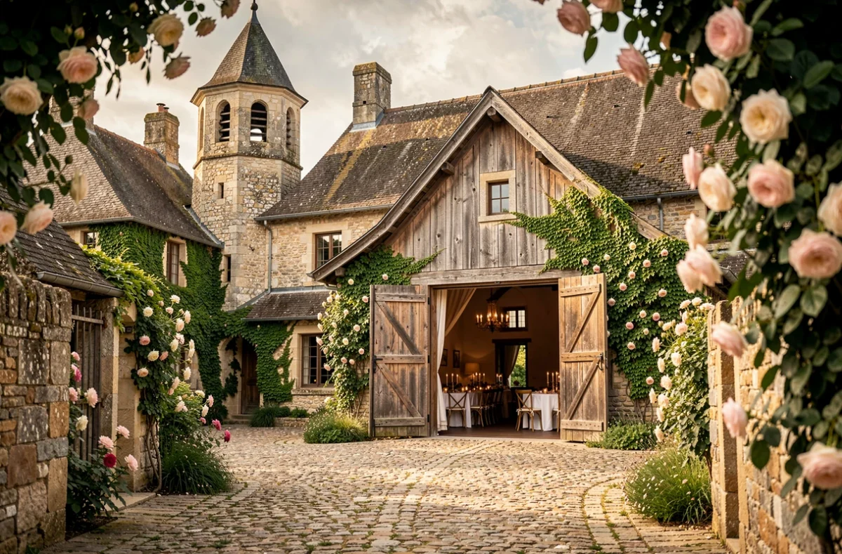 Logis de Russay en Charente-Maritime avec cour en pavés, pigeonnier historique et grange transformée en salle de réception de mariage