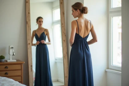 Femme essayant une longue robe de soirée bleu marine devant un miroir en pied pour un mariage