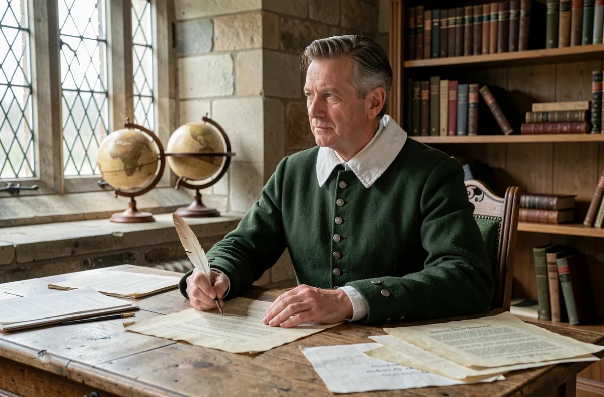 Homme en pourpoint Tudor vert sombre assis à un bureau en chêne avec des documents d'époque et une plume d'oie, représentant un lord anglais du XVIe siècle dans son cabinet de travail