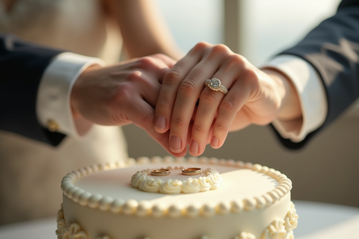 Mains entrelacees montrant les anneaux de mariage sur un gateau d anniversaire