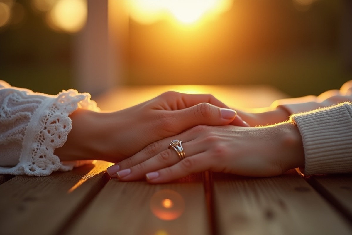 Mains entrelacees avec bagues de mariage sur une table en bois