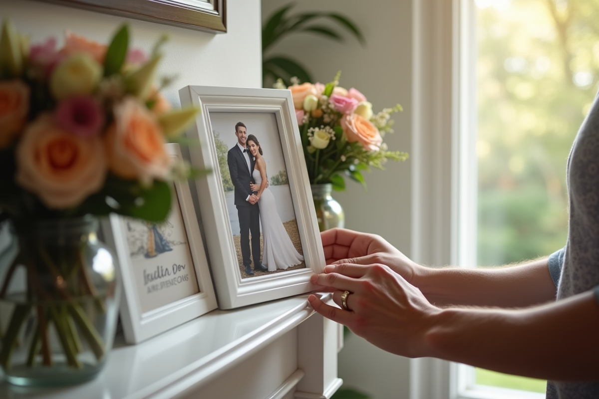 Mains d un couple disposant une photo de mariage sur une cheminée