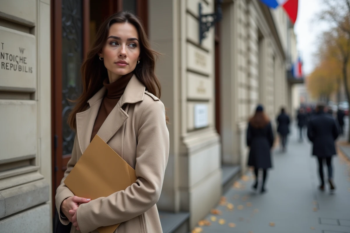 Femme devant la mairie de Nantes tenant un dossier de transcription de mariage