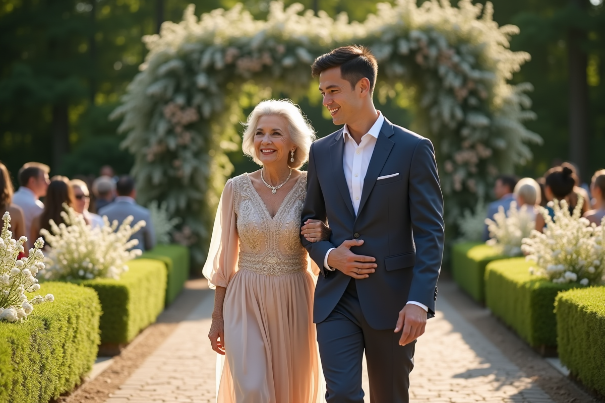 Femme en robe pastel accompagne son fils dans un jardin fleuri