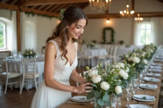 Jeune femme en robe de mariée arrangeant un centre de fleurs