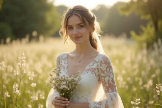 Jeune femme en robe de mariée bohème dans un pré ensoleille