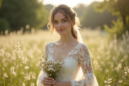 Jeune femme en robe de mariée bohème dans un pré ensoleille
