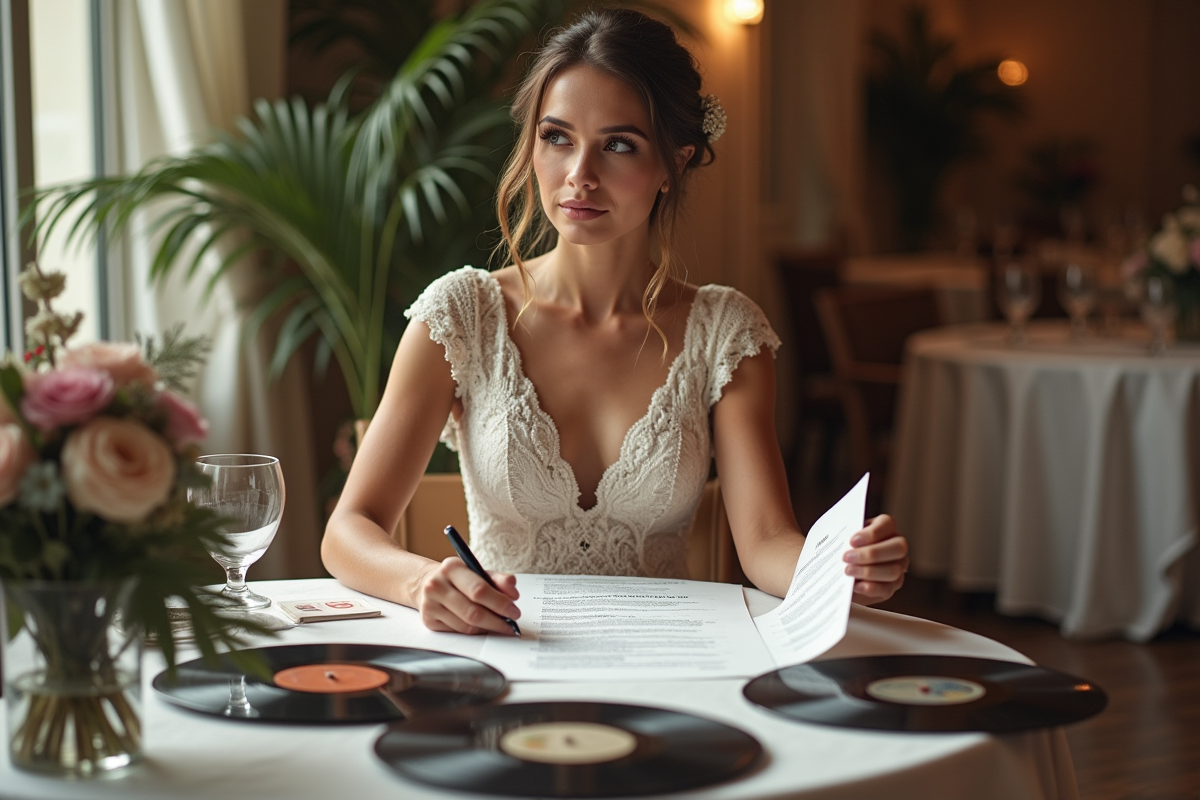 Jeune mariée attentive avec liste de chansons et vinyles