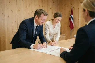 Couple signant les documents de mariage civil au Danemark devant un officier d'état civil dans un bureau municipal moderne