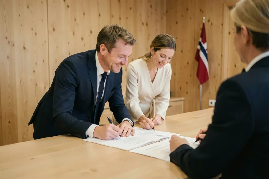 Couple signant les documents de mariage civil au Danemark devant un officier d'état civil dans un bureau municipal moderne