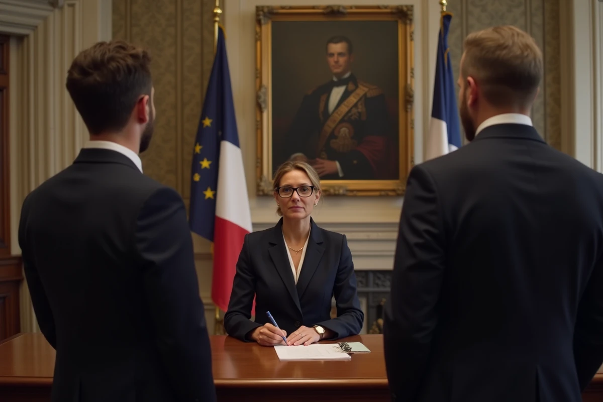 Officier d'état civil dans une mairie française célébrant un mariage civil devant un couple, avec drapeau tricolore au mur