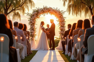 Cérémonie de mariage en extérieur au coucher du soleil avec couple heureux