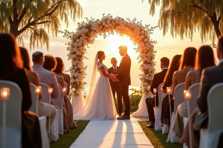 Cérémonie de mariage en extérieur au coucher du soleil avec couple heureux