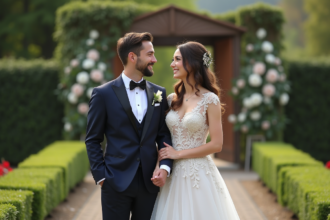 Jeune couple de mariés souriants dans un jardin élégant