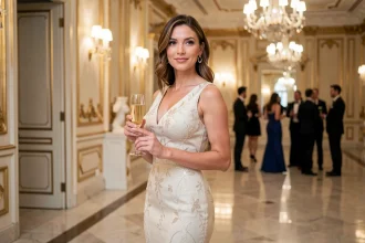 Femme élégante en robe de soirée ivoire dans un décor de bal opulent, illustrant l'univers glamour et le conte de fées médiatique des célébrités comme Kim Kardashian