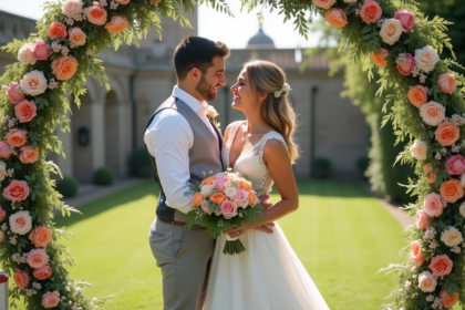 Jeune couple de mariés souriants dans un jardin romantique