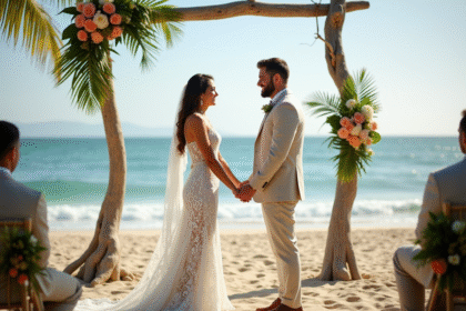 Jeune couple de mariés sur une plage tropicale en extérieur