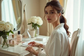Mariée en robe de soie blanche assise devant une coiffeuse vintage avec son kit de survie beauté pour le jour J