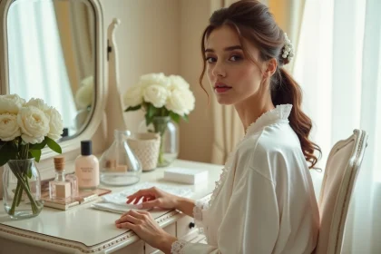 Mariée en robe de soie blanche assise devant une coiffeuse vintage avec son kit de survie beauté pour le jour J