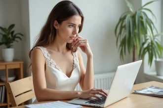 Mariée en robe ivoire comparant les prix de robes de mariée en ligne sur un ordinateur portable à son bureau à domicile