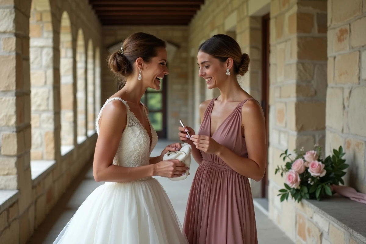 Mariée et demoiselle d'honneur partageant un kit beauté de survie dans un couloir en pierre d'un château français