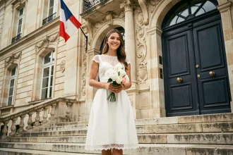 Mariée en robe de mariée civile élégante et abordable sur les marches d'une mairie française ornementée