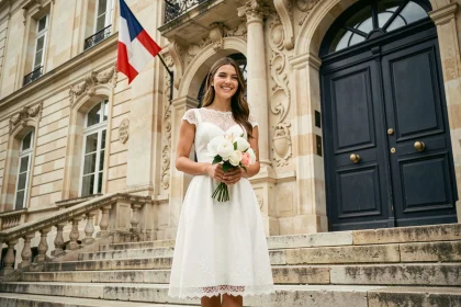 Mariée en robe de mariée civile élégante et abordable sur les marches d'une mairie française ornementée