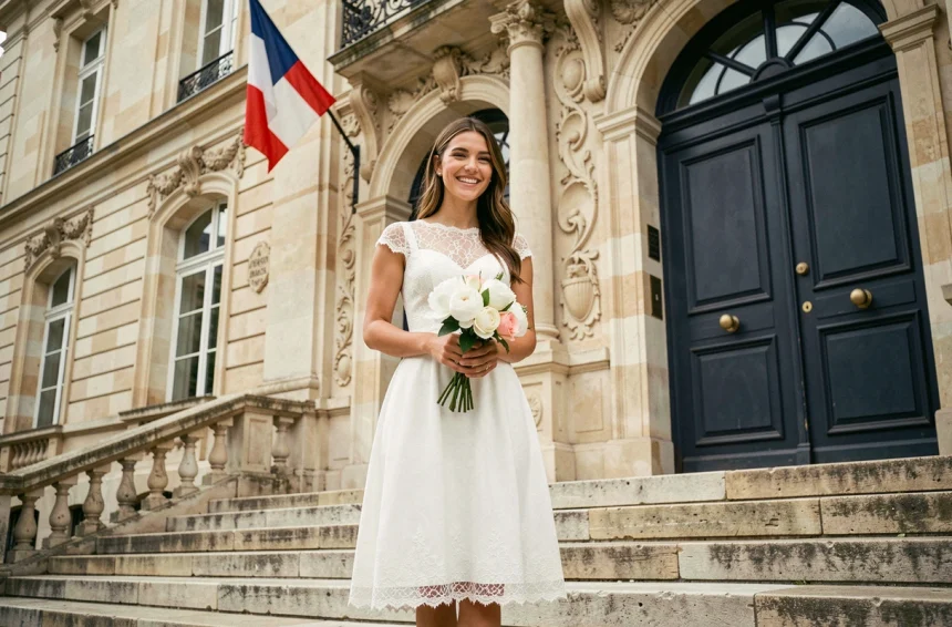 Mariée en robe de mariée civile élégante et abordable sur les marches d'une mairie française ornementée