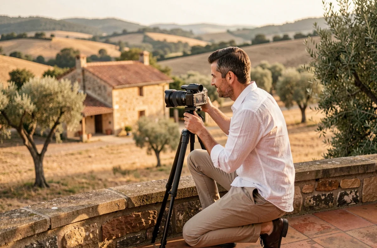Mario vidéaste capturant un moment de mariage dans le sud de la Nouvelle-Aquitaine avec paysage rural