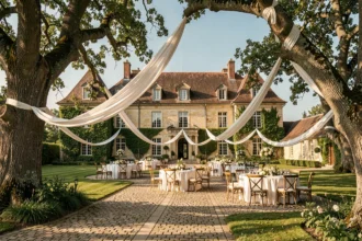 Vue panoramique d'une salle de mariage de prestige en Charente-Maritime avec château en pierre, parc verdoyant et décoration florale élégante