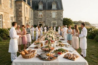 Table de mariage bretonne dressée en extérieur avec buffet gastronomique et décoration florale rustique