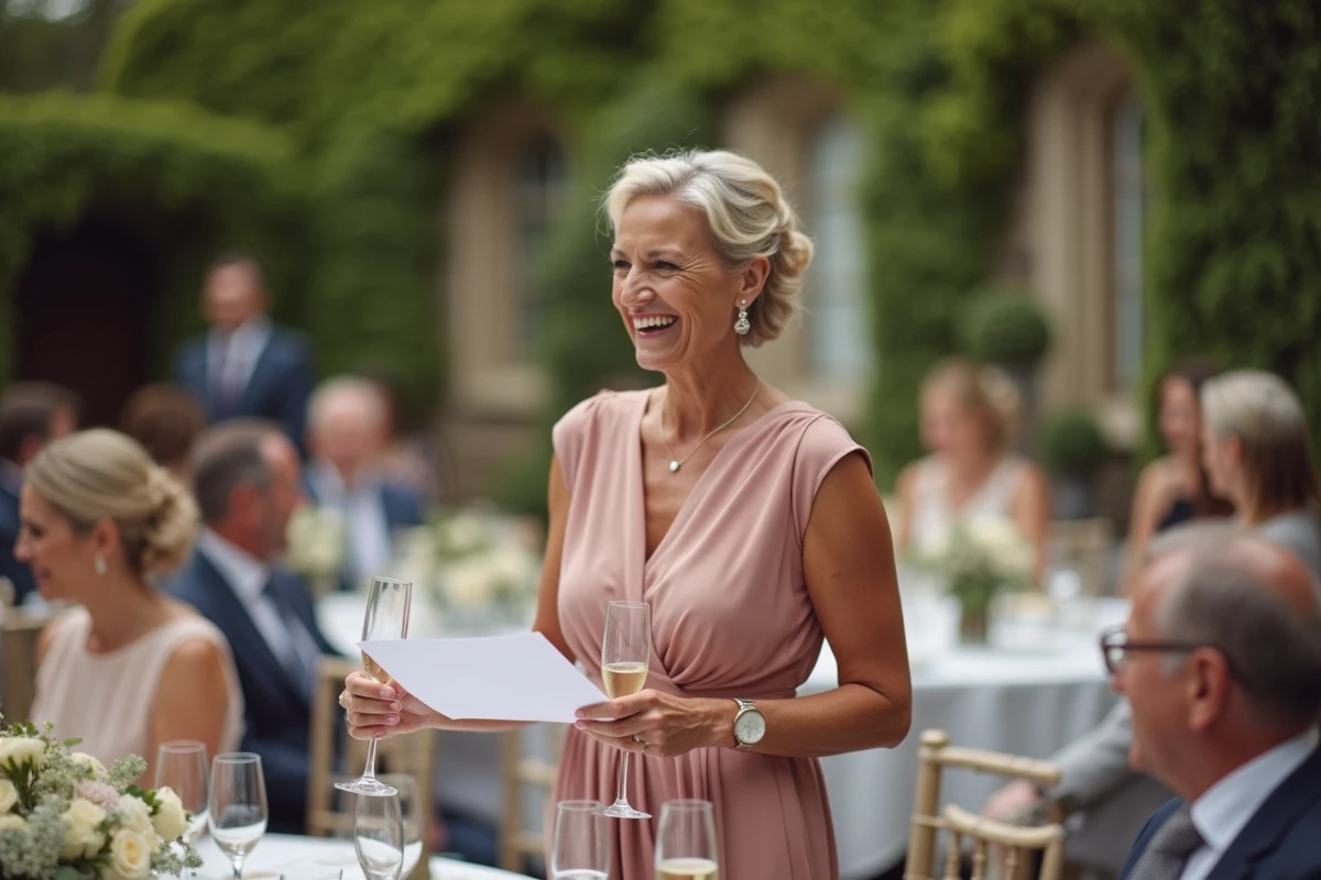 Mère de la mariée souriant pendant son discours de mariage dans un jardin fleuri