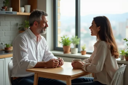 Homme pensif et femme souriante dans une cuisine lumineuse