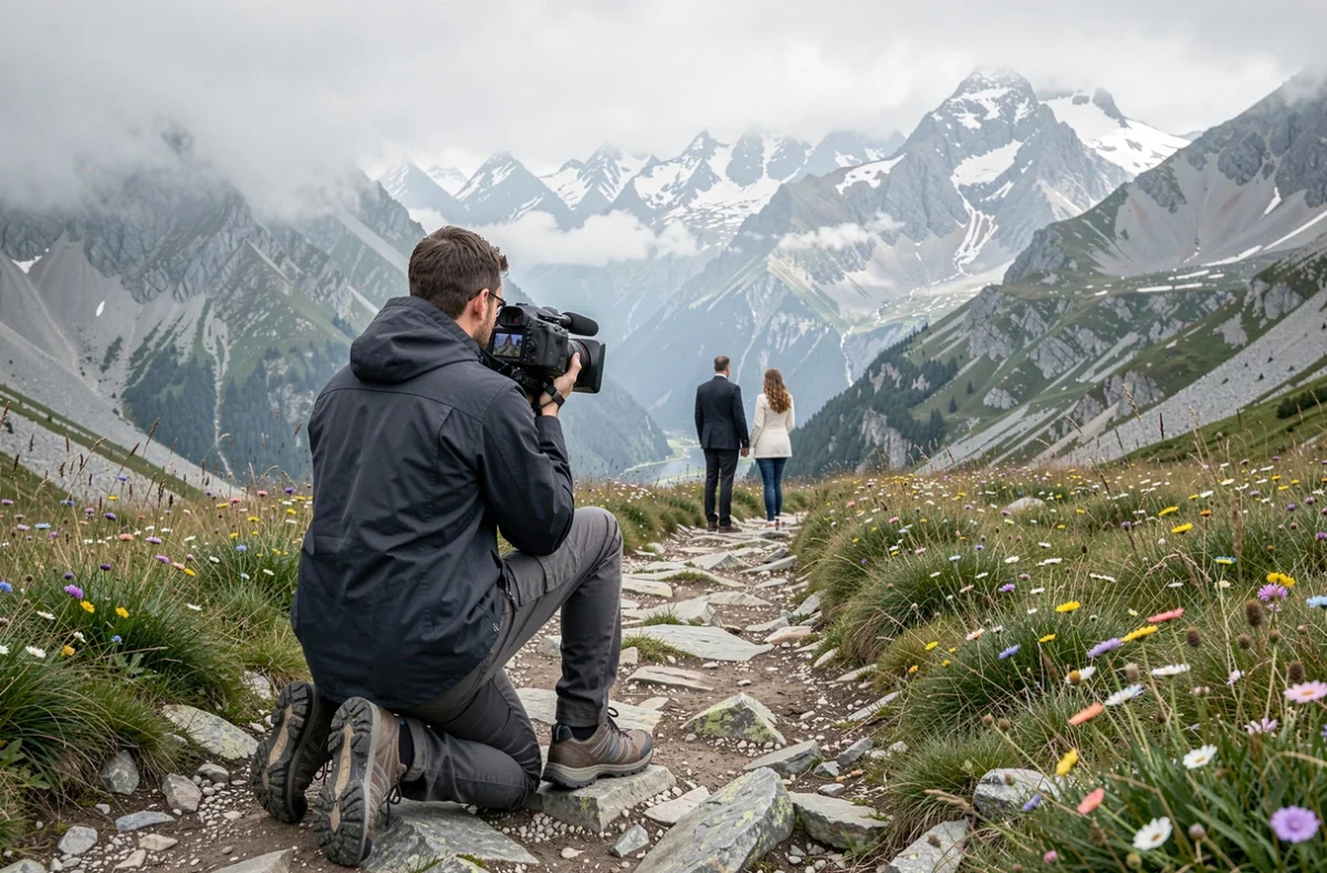 Vidéaste ncprods filmant un couple de mariés dans un paysage de montagne des Pyrénées-Atlantiques