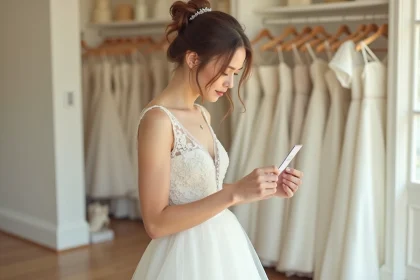 Jeune femme en robe de mariée examinant une étiquette de prix dans une boutique de mariage, illustration de la négociation du budget robe de mariée