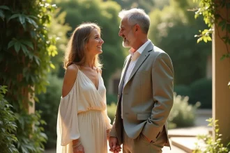 Couple élégant fêtant ses 36 ans de mariage dans un jardin botanique, la femme portant une robe en mousseline ivoire fluide