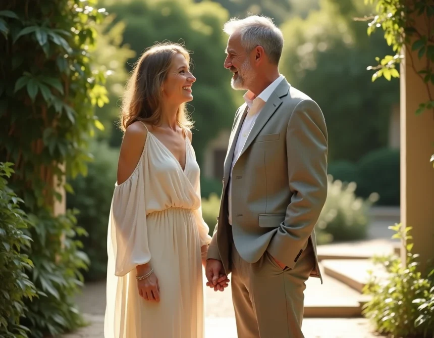 Couple élégant fêtant ses 36 ans de mariage dans un jardin botanique, la femme portant une robe en mousseline ivoire fluide