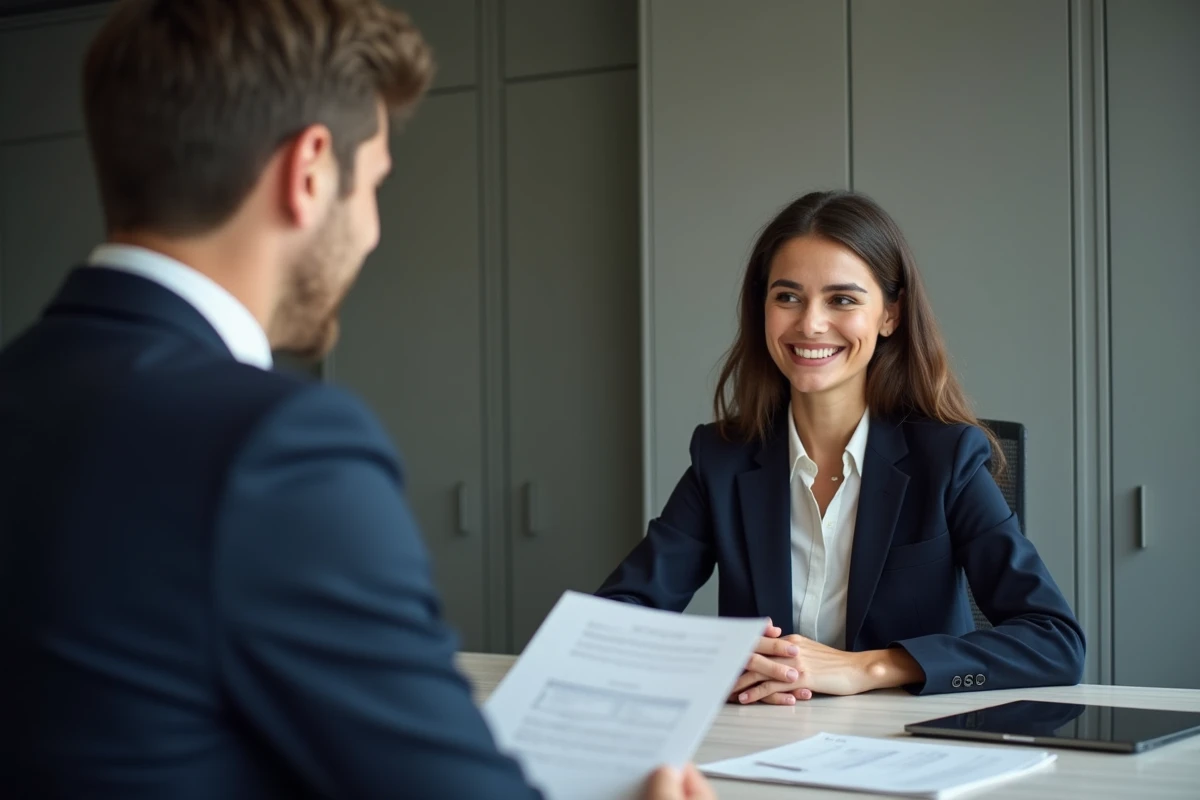 Officier administratif accueillant un jeune couple lors d’un entretien mariage
