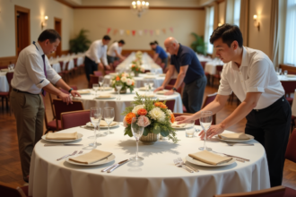 Groupe d adultes préparant des tables élégantes dans une salle conviviale