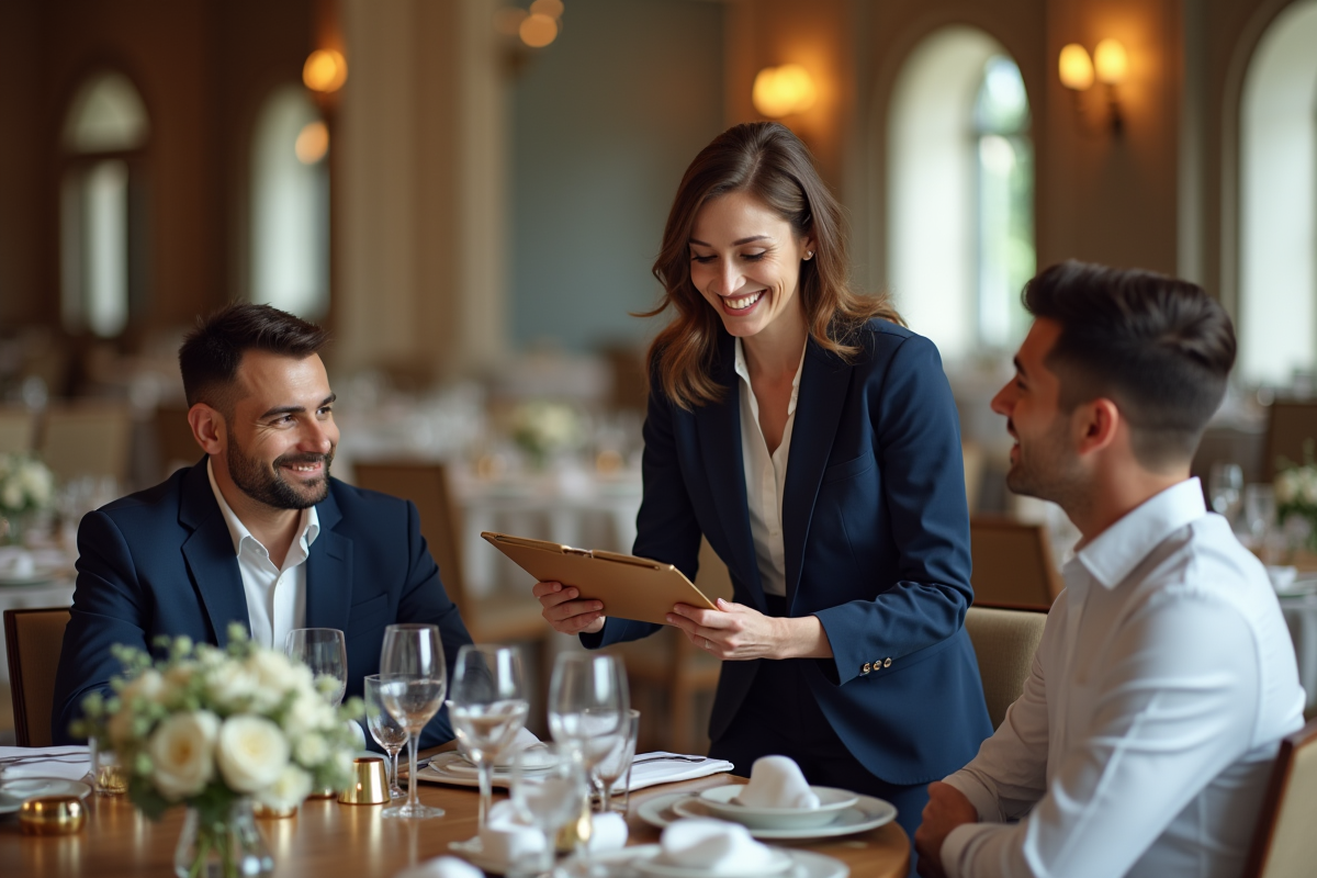 Organisatrice de mariage conseillant un jeune couple en intérieur