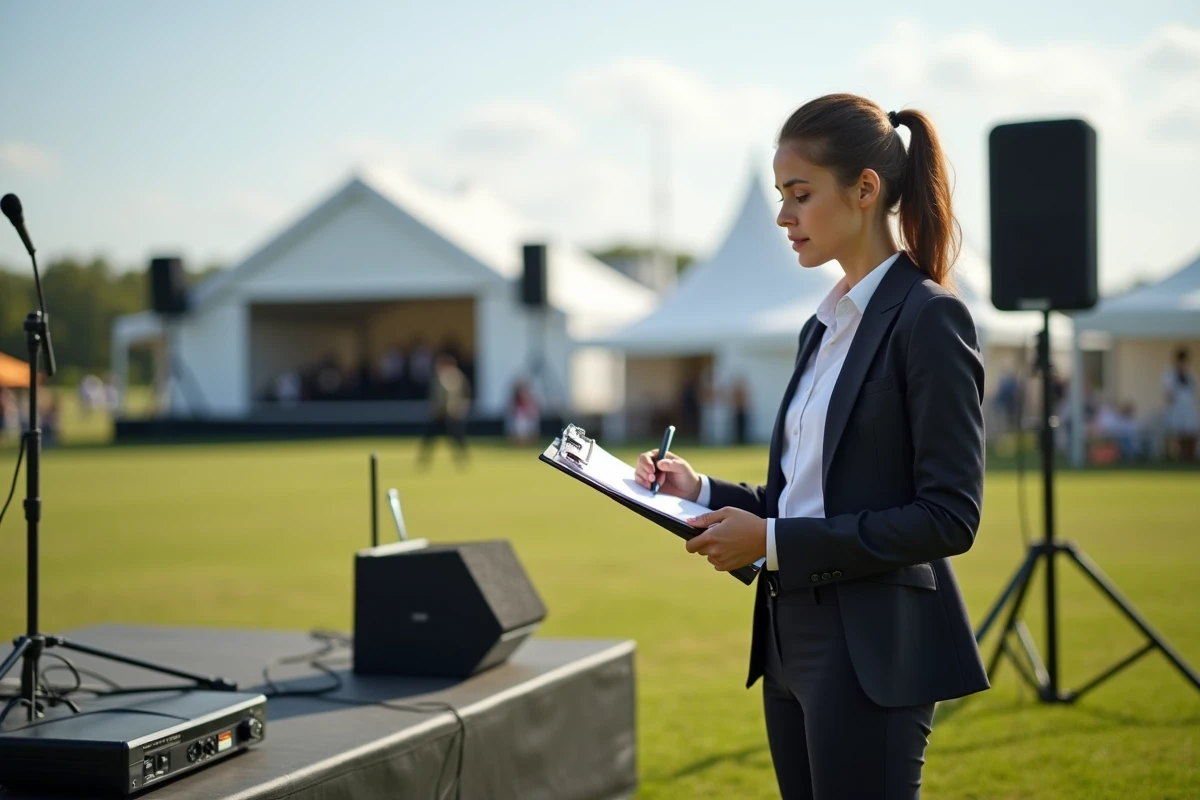 Jeune organisatrice vérifiant le matériel audio en extérieur