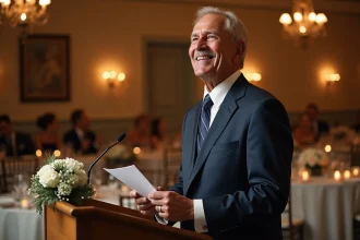 Père de la mariée donnant son discours de mariage debout devant un pupitre lors de la réception